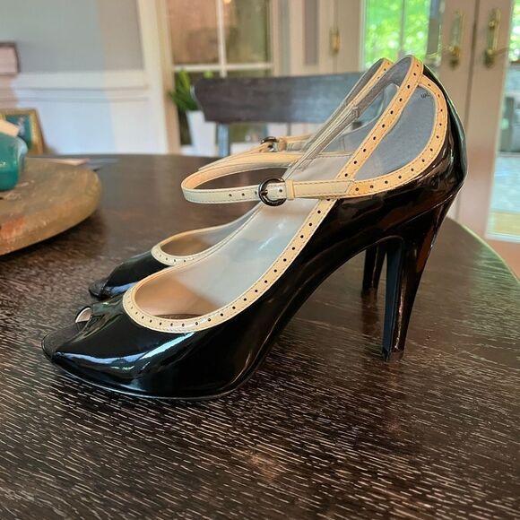 Linea Paolo Black & Cream Retro Strappy Peep Toe Pump Heels sz 10 - Picture 5 of 7